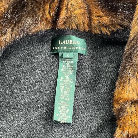 OLGA | Ralph Lauren S Faux Fox Fur Collar Wool Cashmere Blend Gray Cardigan - Picture 2 of 6